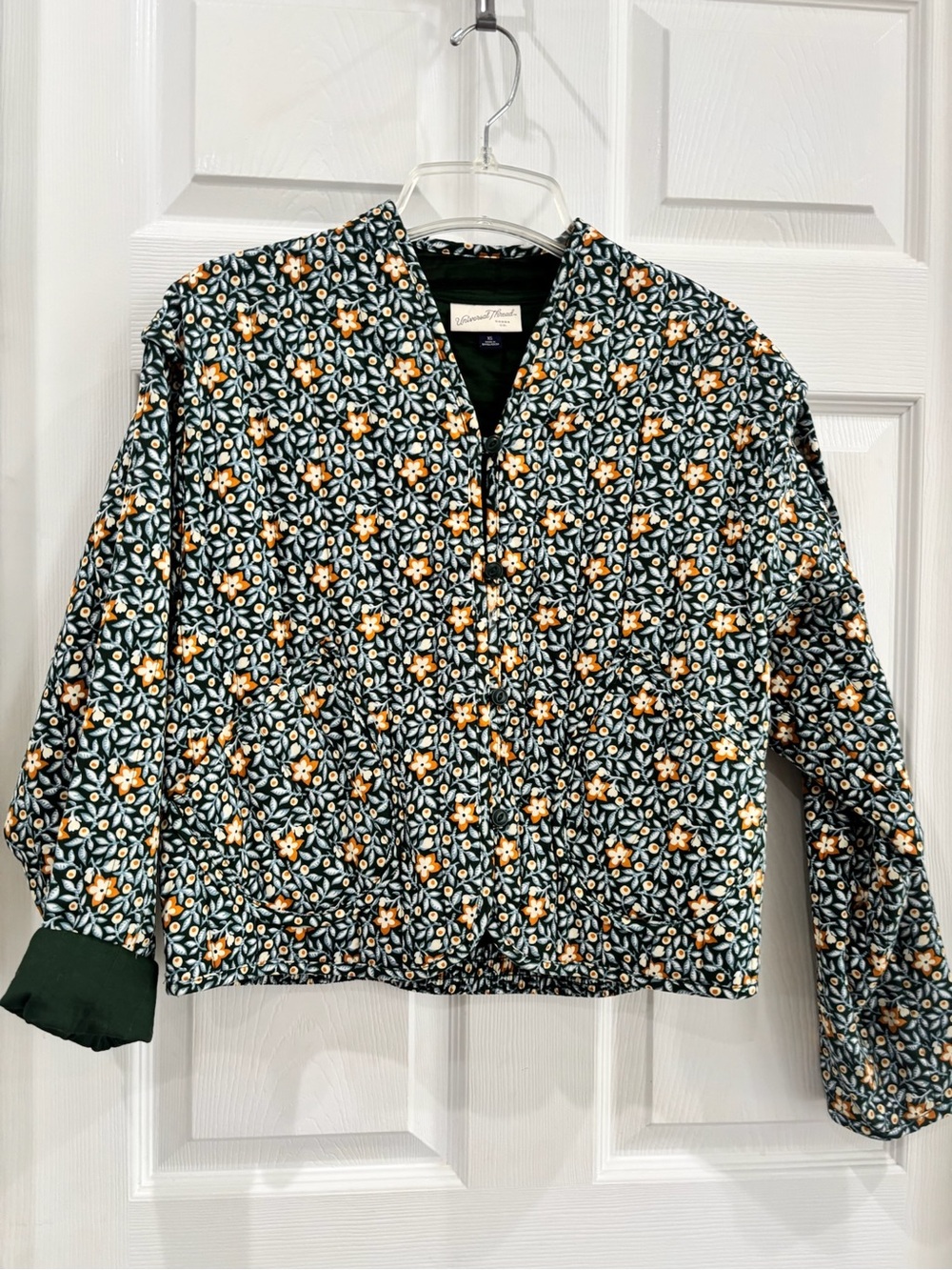 Universal Thread Floral Quilted Jacket in Green, Yellow, Cream